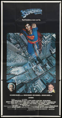 7t348 SUPERMAN 3sh 1978 hero Christopher Reeve flying from Metropolis, Gene Hackman, Marlon Brando