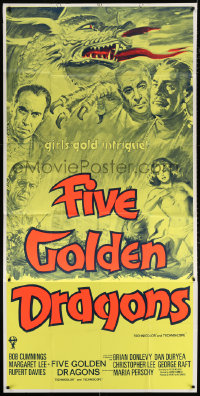 7t008 FIVE GOLDEN DRAGONS English 3sh 1967 cool montage art of Chris Lee, Kinski, Raft & Cummings!