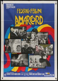 7t879 AMARCORD Italian 1p 1973 Federico Fellini classic comedy, colorful art + photo montage!