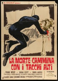 7t804 DEATH STALKS ON HIGH HEELS Italian 1p 1971 Symeoni art of murderer slashing girl's throat!