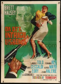7t681 MISSION LISBON Italian 1p 1965 Ciriello art of Brett Halsey & woman getting shot, rare!