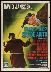 7t569 WARNING SHOT Italian 1p 1967 cool different art of spy David Janssen's gun shooting guy!