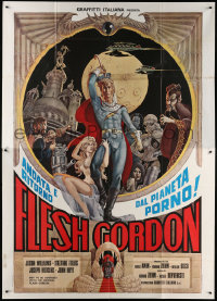 7t495 FLESH GORDON Italian 2p 1975 sexy sci-fi spoof, wacky erotic super hero art by George Barr!