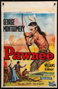 7w402 PAWNEE Belgian 1957 cool Wik art of Native American with bow & arrow!