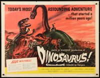 7w089 DINOSAURUS 1/2sh 1960 great artwork of battling prehistoric T-rex & brontosaurus monsters!
