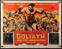 7w127 GOLIATH & THE BARBARIANS 1/2sh 1959 art of Steve Reeves pulling 2 horses, sexy Chelo Alonso!