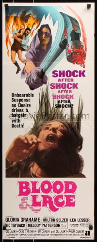 7w695 BLOOD & LACE insert 1971 AIP, gruesome horror image of wacky cultist w/bloody hammer!