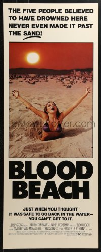 7w696 BLOOD BEACH insert 1981 Jaws parody tagline, image of sexy girl in bikini sinking in sand!