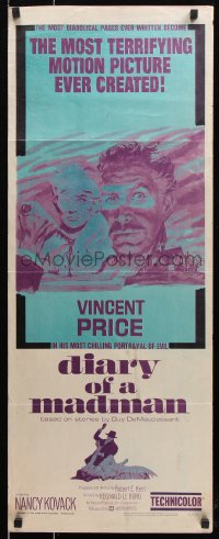 7w736 DIARY OF A MADMAN insert 1963 Vincent Price in his most chilling portrayal of evil!