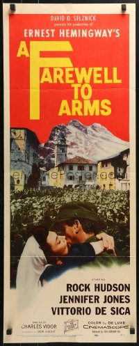 7w752 FAREWELL TO ARMS insert 1958 art of Rock Hudson kissing Jennifer Jones, Ernest Hemingway!