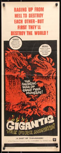 7w769 GIGANTIS THE FIRE MONSTER insert 1959 cool artwork of Godzilla breathing flames at Angurus!