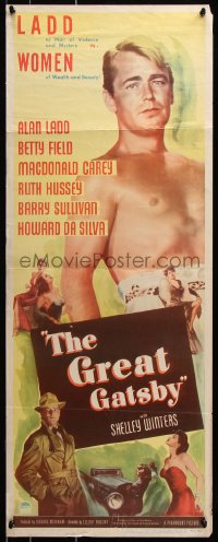 7w779 GREAT GATSBY insert 1949 barechested and with misleading art of Alan Ladd in trench coat!