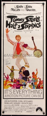 7w785 HALF A SIXPENCE insert 1968 McGinnis art of Tommy Steele with banjo, from H.G. Wells novel!