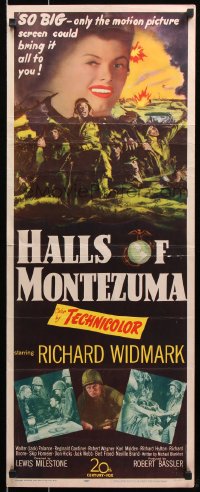 7w786 HALLS OF MONTEZUMA insert 1951 Richard Widmark, art of WWII U.S. Marines charging into battle!
