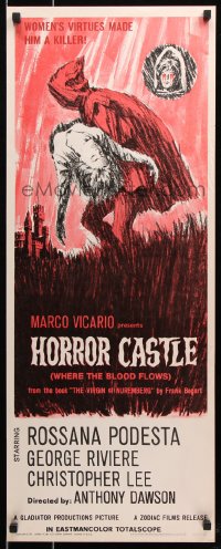 7w799 HORROR CASTLE insert 1964 Where the Blood Flows, cool art of cloaked figure carrying girl!