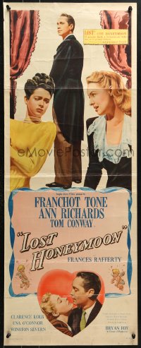7w835 LOST HONEYMOON insert 1947 Franchot Tone returns from WWII w/amnesia and a forgotten wife & kids!