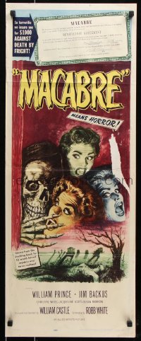 7w840 MACABRE insert 1958 William Castle, cool artwork of skeleton & screaming babes in graveyard!