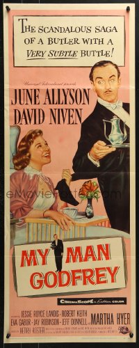 7w863 MY MAN GODFREY insert 1957 close up artwork of June Allyson & butler David Niven!