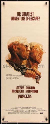 7w890 PAPILLON insert 1973 great art of prisoners Steve McQueen & Dustin Hoffman by Tom Jung!