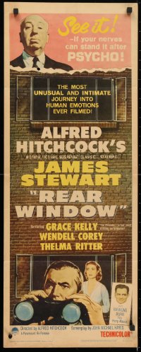 7w908 REAR WINDOW insert R1962 Alfred Hitchcock, art of voyeur Jimmy Stewart & sexy Grace Kelly!