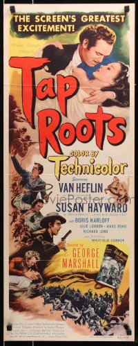 7w952 TAP ROOTS insert 1948 art of Susan Hayward, Van Heflin & Native American Boris Karloff!