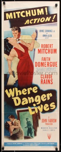 7w986 WHERE DANGER LIVES insert 1950 art of Robert Mitchum holding Faith Domergue + Rains w/gun!