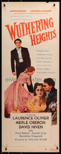 7w995 WUTHERING HEIGHTS insert R1955 cool art of Laurence Olivier & Merle Oberon!