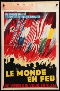 7y343 LE MONDE EN FEU Belgian 1958 Alessandro Ronzon WWII documentary, wild artwork!