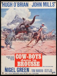 7y789 AFRICA - TEXAS STYLE French 23x31 1967 art of Hugh O'Brian roping zebra by stampeding animals!
