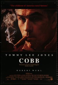 7z558 COBB DS 1sh 1994 baseball, close-up of cigar smoking Tommy Lee Jones as Ty Cobb!
