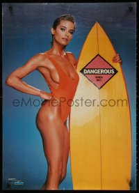 7z194 DANGEROUS WHEN WET 22x31 commercial poster 1986 sexy woman in bathing suit holding surf board!