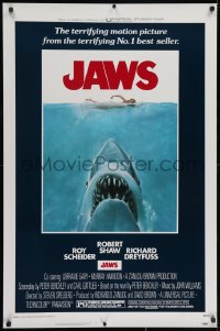 7z699 JAWS 1sh 1975 classic man-eating shark attacking swimmer art, unfolded & excellent condition!