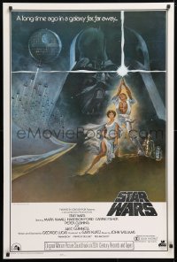 7z914 STAR WARS style A gelbacked 1sh 1977 George Lucas classic epic, art by Tom Jung, soundtrack!