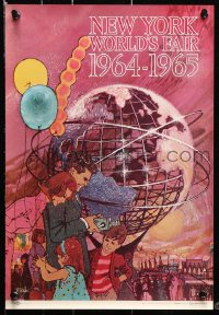 7z112 NEW YORK WORLD'S FAIR 11x16 travel poster 1961 cool Bob Peak art of family & Unisphere!