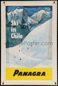 7z117 PANAGRA CHILE 28x42 travel poster 1950s great art of several skiers and mountains!