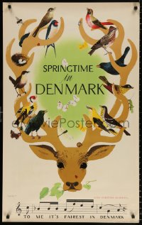 7z129 SPRINGTIME IN DENMARK 25x39 Danish travel poster 1949 elk with many creatures on antlers!