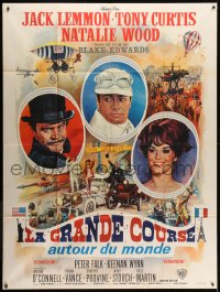 8b762 GREAT RACE style A French 1p 1966 art of Tony Curtis, Jack Lemmon & Natalie Wood by Jean Mascii!
