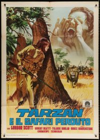 8b234 TARZAN & THE LOST SAFARI Italian 1p R1970s cool Piovano art of Gordon Scott & female hunter!