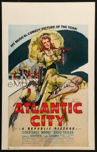 8b272 ATLANTIC CITY WC 1944 sexy art of Constance Moore with bonnett & umbrella by Schaeffer!
