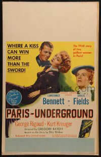 8b443 PARIS-UNDERGROUND WC 1945 Constance Bennett, Gracie Fields, a kiss wins more than the sword!