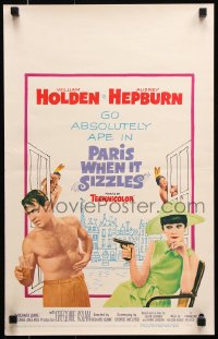 8b442 PARIS WHEN IT SIZZLES WC 1964 Audrey Hepburn with gun & barechested William Holden in France!
