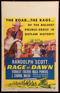8b455 RAGE AT DAWN WC 1955 cool artwork of outlaw hunter Randolph Scott on horseback!