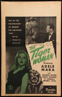 8b525 TIGER WOMAN WC 1945 Adele Mara, who is daring, dangerous & seductive stands by tiger head rug!