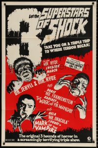8f007 3 SUPERSTARS OF SHOCK 1sh 1972 Boris Karloff, Bela Lugosi, March, cool monster art!