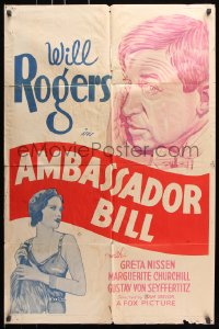 8f042 AMBASSADOR BILL 1sh R1936 portrait art of Will Rogers, Greta Nissen!