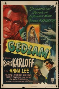 8f088 BEDLAM style A 1sh 1946 madman Boris Karloff, an infamous madhouse, produced by Val Lewton!