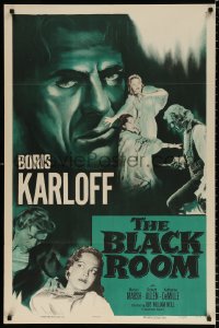 8f115 BLACK ROOM 1sh R1955 great close image of creepy Boris Karloff & scared Marian Marsh, horror!