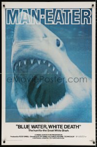 8f130 BLUE WATER, WHITE DEATH 1sh 1971 cool super close image of great white shark with open mouth!