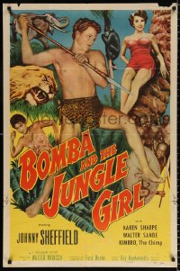 8f134 BOMBA & THE JUNGLE GIRL 1sh 1953 Johnny Sheffield with spear & sexy Karen Sharpe!