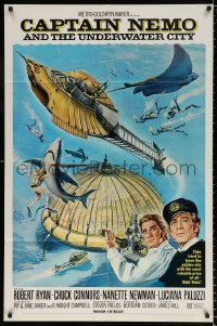 8f169 CAPTAIN NEMO & THE UNDERWATER CITY 1sh 1970 artwork of cast, scuba divers & cool ship